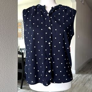 Old Navy Blue Sleeveless Button Down White Polla Dots Cotton Viscose XS Nautic
